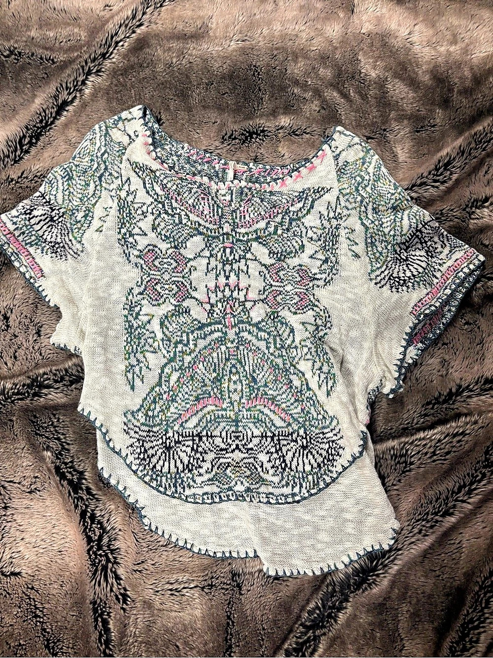 Free People Geometric Short Sleeve Top in Cream & Green